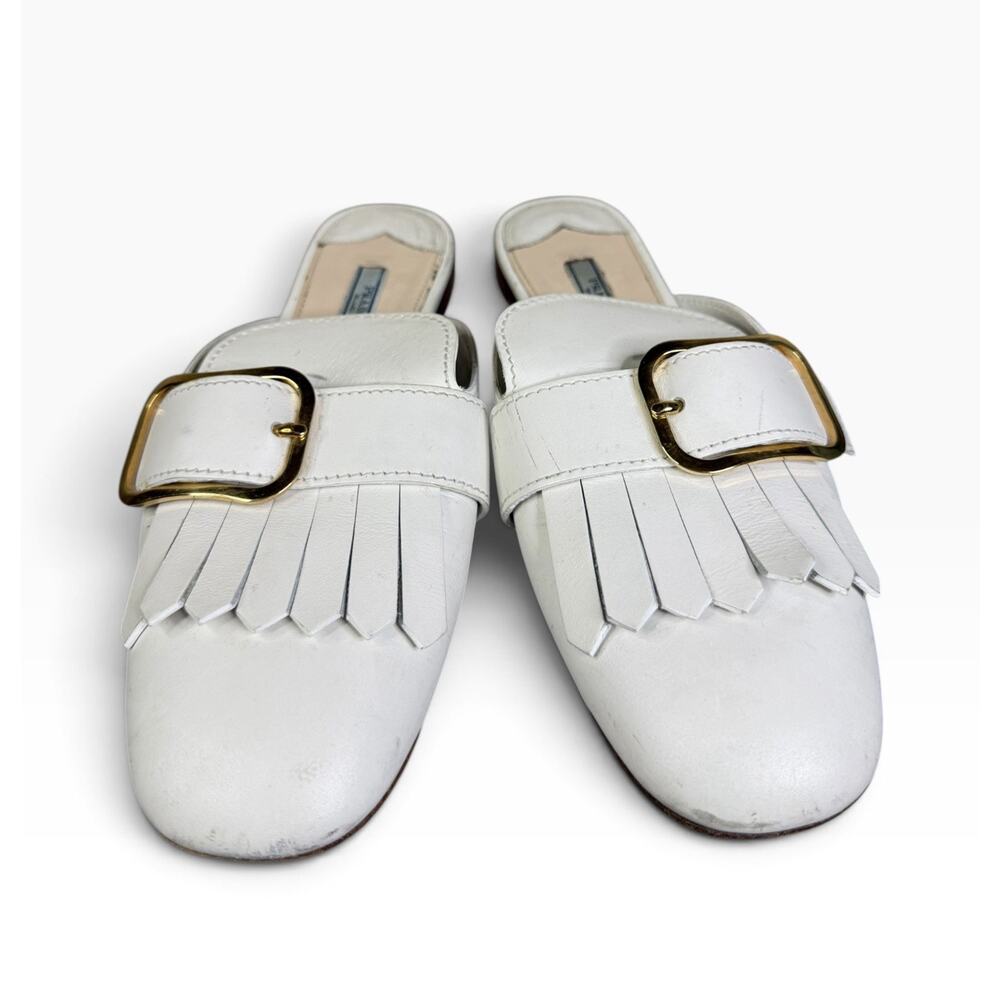 Prada White Leather Fringe Buckle Mules Flats IT 39 US 9 Gold Hardware - Picture 3 of 11